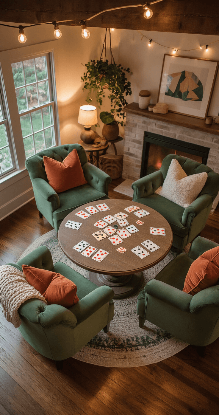 Intimate overhead view of a cozy family room game night, featuring a round weathered pine table with Codenames game components, surrounded by sage green velvet armchairs. Accented with cream and terracotta pillows, a chunky knit throw, string lights, and ceramic lamps, all set against hardwood floors and a vintage Persian rug, creating a warm and inviting atmosphere.