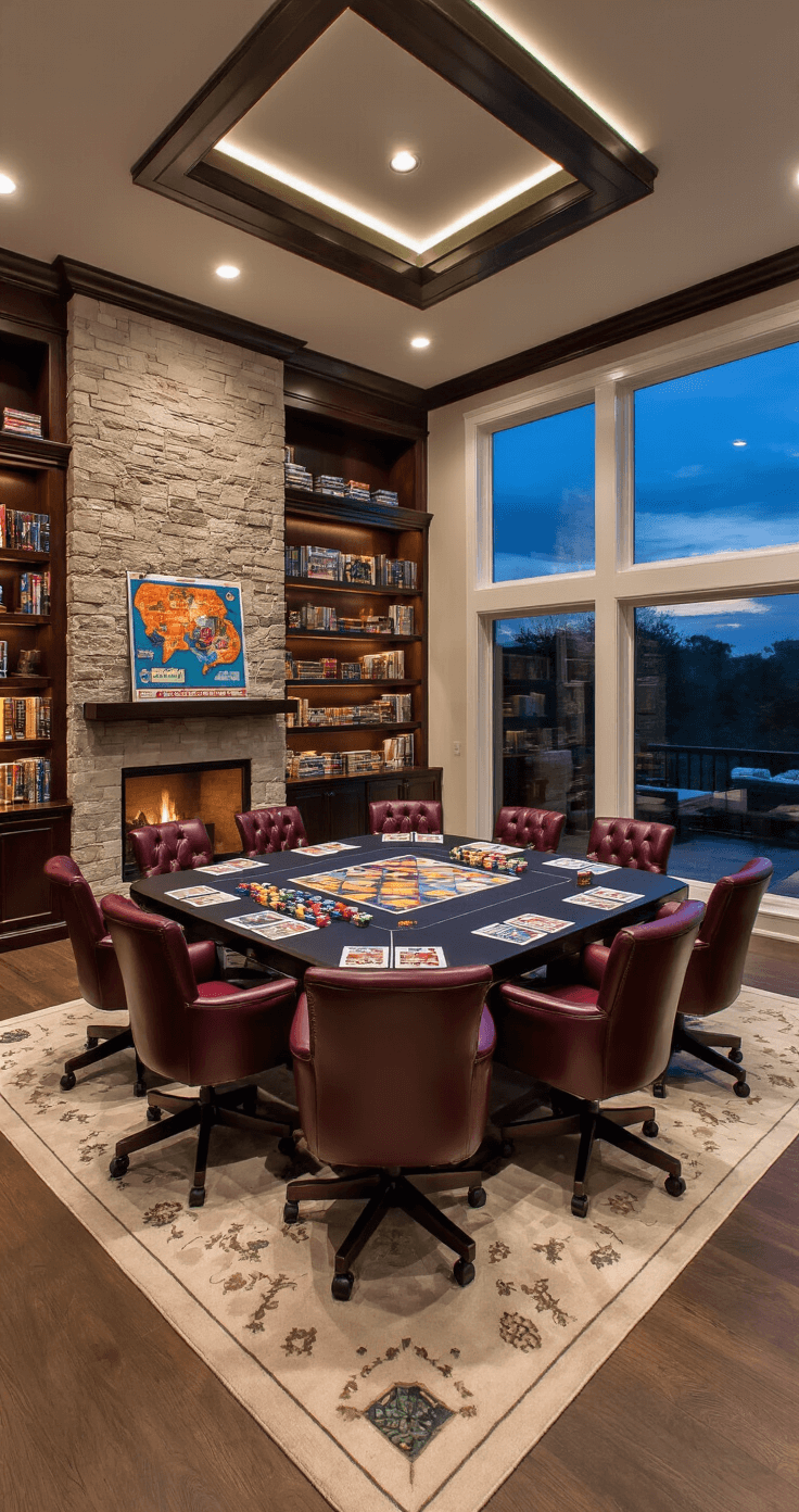 Sophisticated living room interior at dusk featuring a custom gaming table, executive chairs, and organized pandemic board game elements, illuminated by dramatic architectural lighting and accented with rich textures and a stone fireplace.