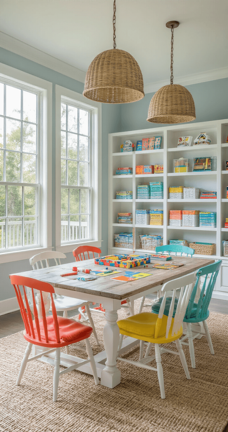Bright and airy game room featuring a rustic farmhouse table surrounded by colorful Windsor chairs, abundant natural light, and organized board games on white open shelving against soft gray-blue walls.