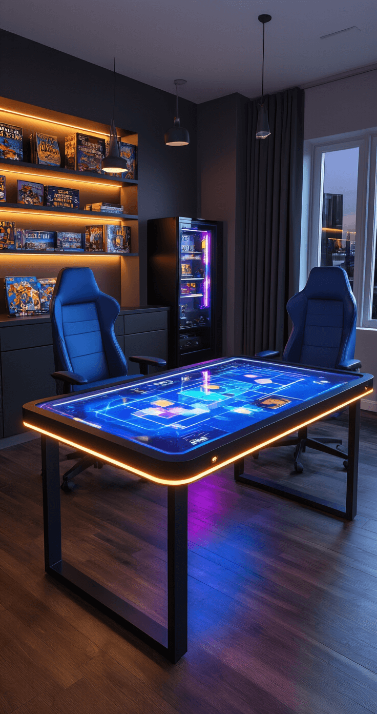 Photorealistic modern gaming room featuring a 32-inch interactive digital board game table with a glowing blue and purple interface, dark hardwood floors, charcoal gray walls, ambient lighting, and high-back ergonomic midnight blue chairs, showcasing organized board games and an RGB-lit mini-fridge.