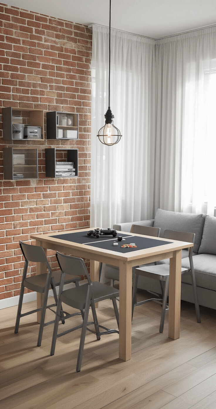 Photorealistic compact apartment living room showcasing a light oak convertible dining-game table with charcoal neoprene topper, surrounded by space-saving gunmetal gray folding chairs against a brick wall, illuminated by soft afternoon sunlight through sheer curtains and featuring organized gaming accessories in floating cube shelves.