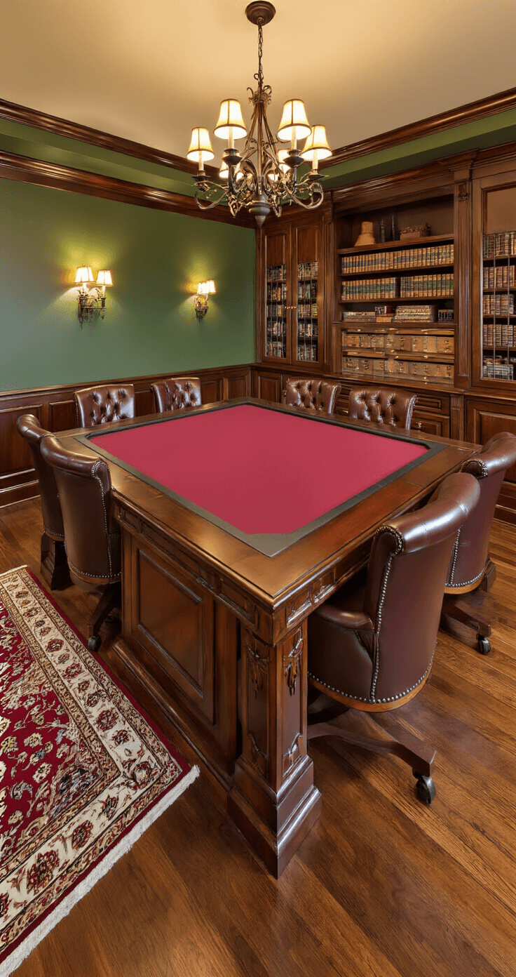 Photorealistic interior of a dedicated game room featuring a large, ornate mahogany gaming table with a burgundy felt surface, surrounded by cognac leather captain's chairs, warmly lit by a wrought iron chandelier and table lamps, against a backdrop of hunter green walls and dark cherry hardwood floors.