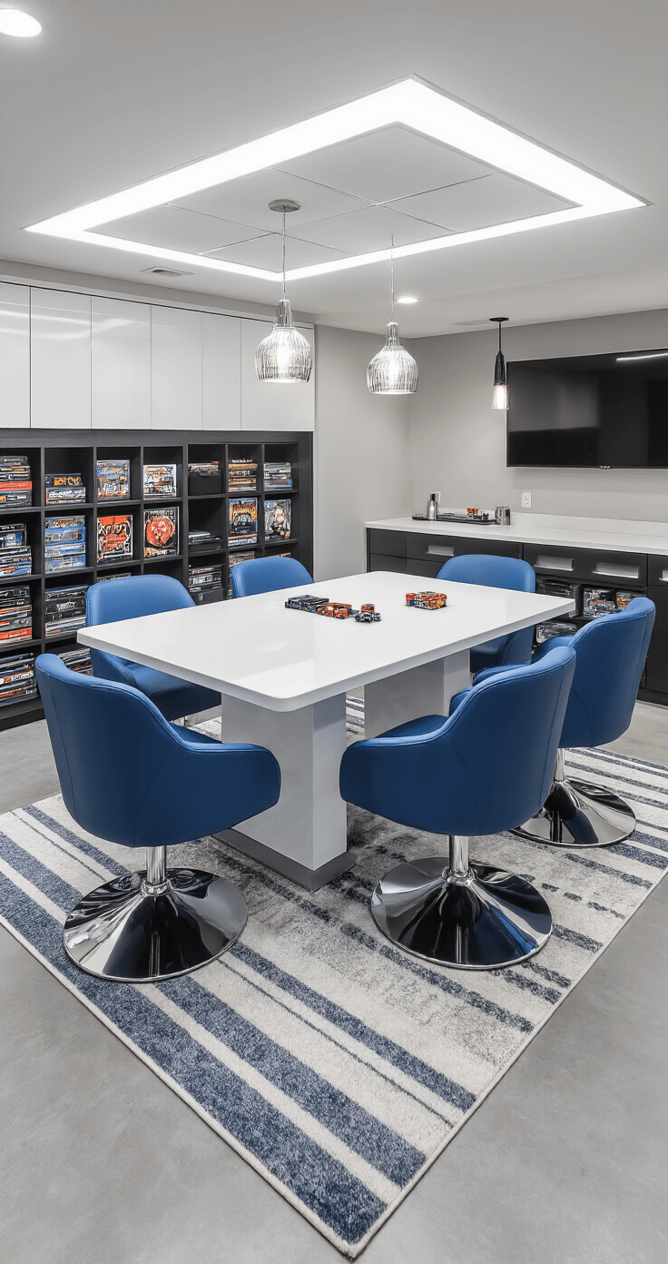 Photorealistic modern basement recreation room with a glossy white gaming table surrounded by electric blue swivel chairs, featuring LED lighting, gray concrete floors, and a built-in wet bar.