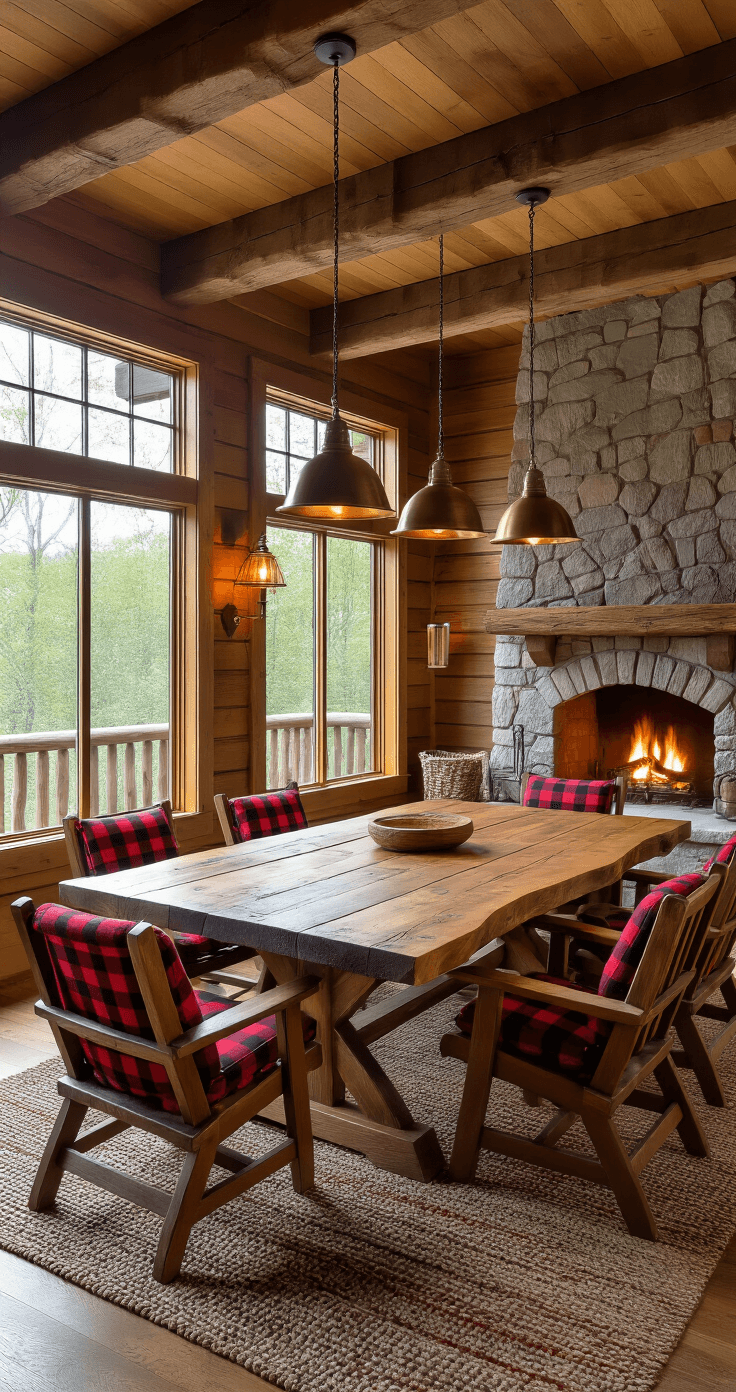 Photorealistic cozy cabin interior with a rustic gaming table of reclaimed barn wood, showcasing warm honey tones and live edge details, surrounded by Adirondack-style chairs with plaid cushions, a crackling stone fireplace, and natural light from large windows, complemented by mason jar pendant lights and earth-toned braided rug.
