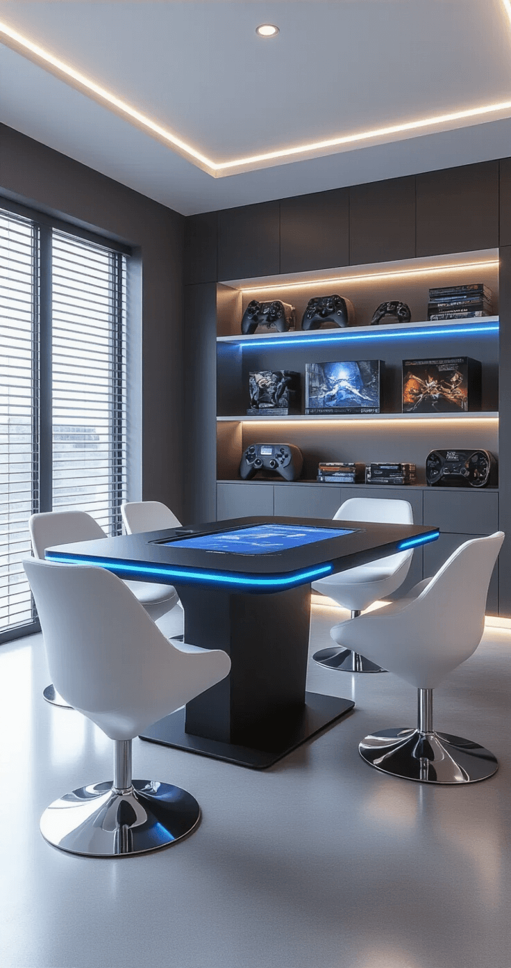 Photorealistic ultramodern gaming room featuring a minimalist black table with hidden technology, sculptural white chairs, polished concrete floors, and floor-to-ceiling windows, all enhanced by cool blue LED lighting and a sophisticated minimalist aesthetic.