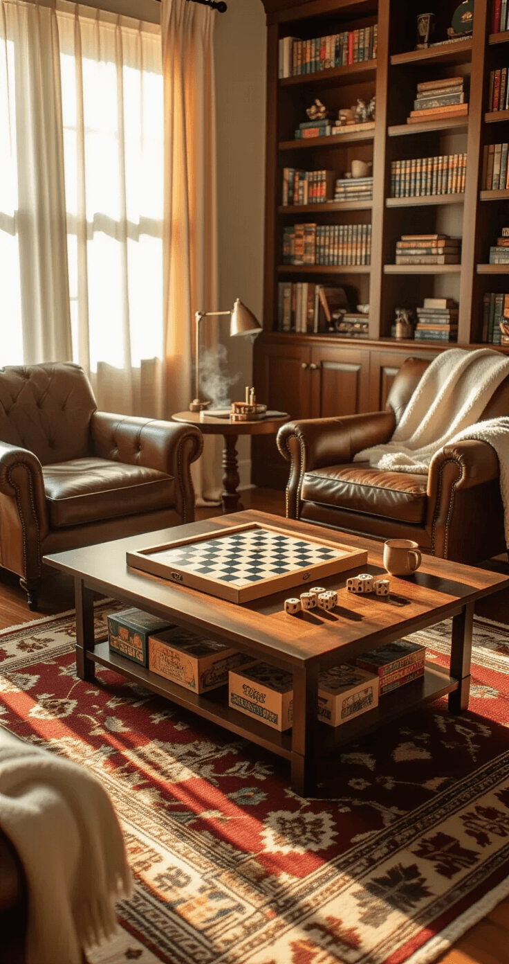 Cozy board game setup in an intimate home game room, featuring rich walnut coffee table, vintage game boxes, comfortable leather armchairs, and warm amber sunlight filtering through sheer curtains. Scattered wooden dice, ceramic mugs, and hand-written score sheets enhance the inviting atmosphere.