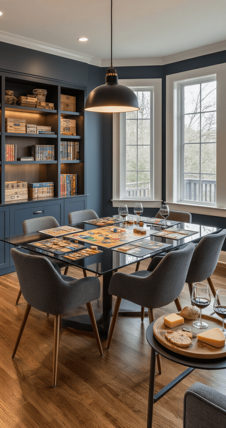 Contemporary dining room during game night, featuring a sleek glass table with strategy game components, mid-century modern chairs, and a sophisticated atmosphere illuminated by warm LED lighting.