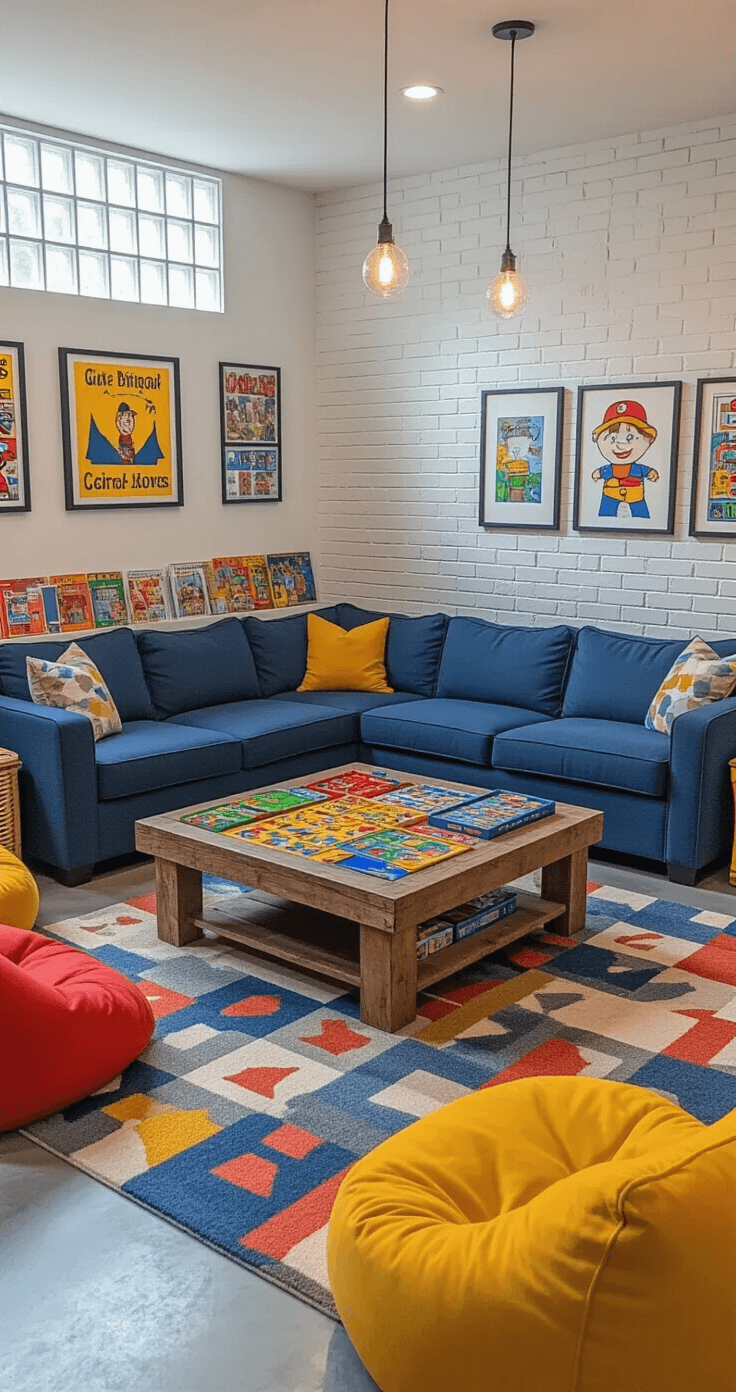 Vibrant family game room in a converted basement with natural light, featuring a navy sectional sofa around a rustic wood coffee table, exposed white-brick wall, colorful area rugs, organized game storage, kids' artwork, and cozy lighting.