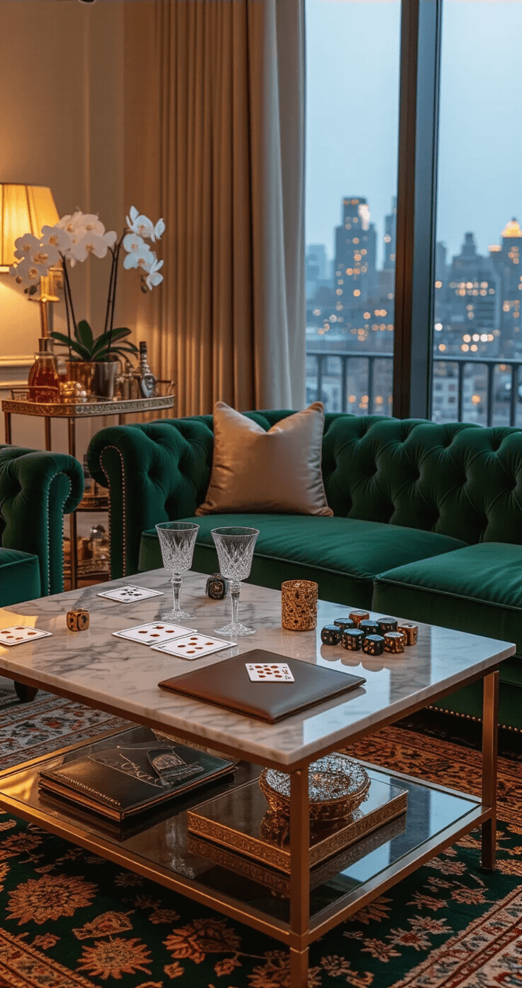 Elegant living room setup for an adult party, featuring a tufted emerald green sofa, marble-top coffee table with party games and crystal glassware, and a Persian area rug. Floor-to-ceiling windows showcase city lights, while a brass bar cart holds premium spirits. Fresh orchids and designer candles enhance the ambiance, all captured from an intimate seated perspective.