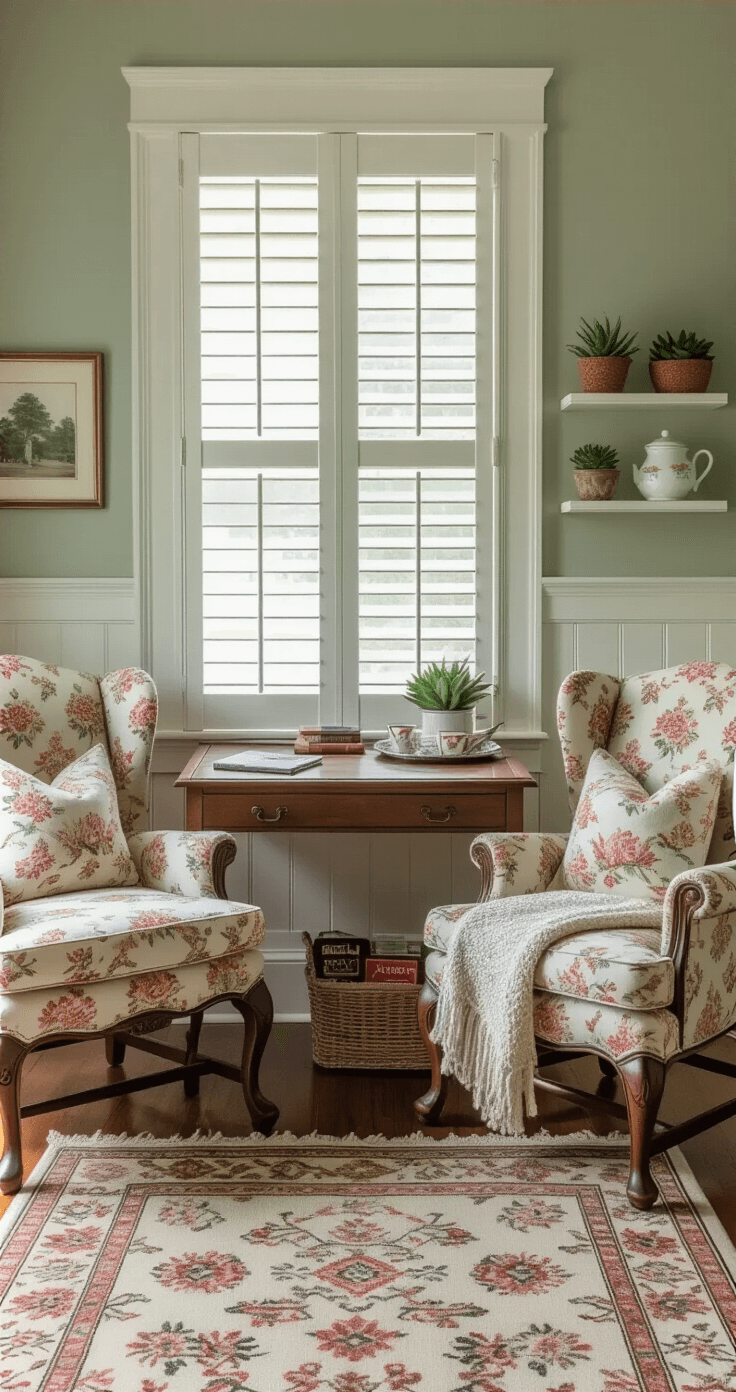 Cozy two-player game nook in a sage green bedroom, featuring an antique writing desk, vintage reupholstered wingback chairs, a Persian rug, and soft morning light filtering through plantation shutters, creating an intimate setting for couples to enjoy their games.