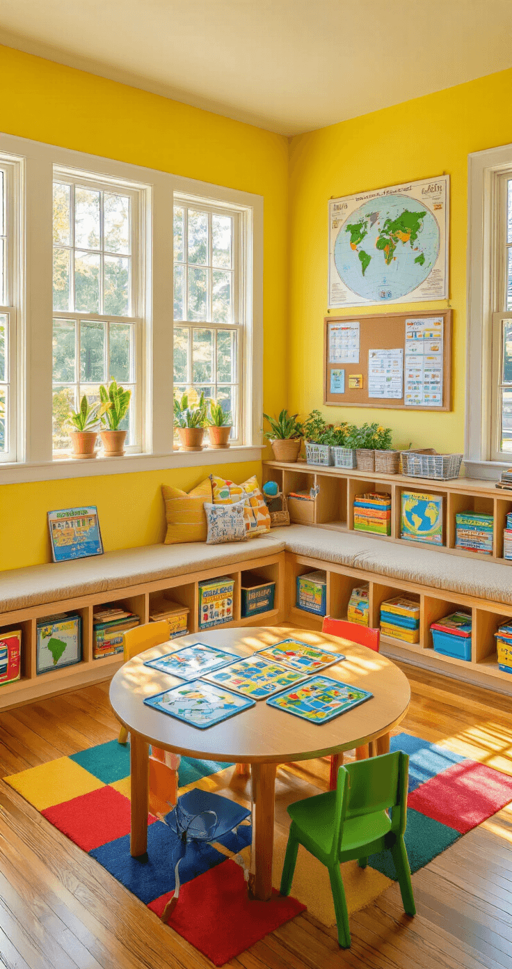 Bright sunroom classroom featuring a round oak table with educational board games on geography and science, surrounded by colorful child-sized chairs. A built-in window seat holds organized learning games, while cheerful butter yellow walls display posters and a cork board of student achievements. Polished hardwood floors and a primary-colored rug enhance the inviting atmosphere, complemented by potted plants on sunny windowsills. Overhead view highlights an engaging educational setup.