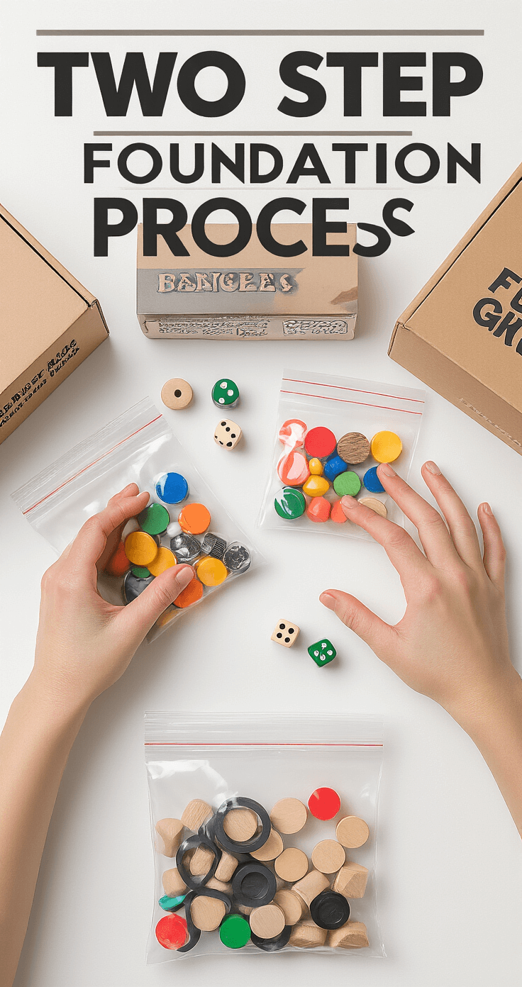 Close-up macro shot of hands performing a two-step foundation process on a clean white surface, with colorful game components in resealable bags, wooden tokens, and dice under soft diffused overhead lighting, while organized game boxes secured with rubber bands are visible.