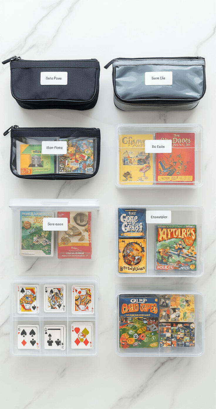 Overhead view of neatly arranged storage solutions on a marble countertop, featuring large zipper pouches with labeled card games, clear portfolio boxes containing visible strategy games, and transparent bins with lids, all illuminated by bright white LED lighting for a shadow-free presentation.