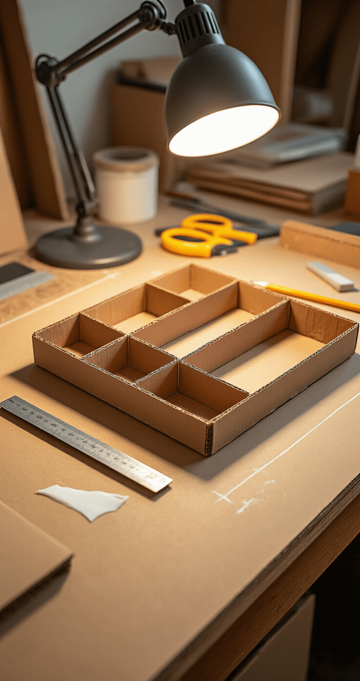 Detail shot of a craft table featuring the process of creating a custom cardboard organizer, illuminated by warm task lighting. The image shows a sharp craft knife, metal ruler, and pencil marks alongside white glue on recycled cardboard pieces, highlighting the craftsmanship with rich brown textures and organized workspace tools.
