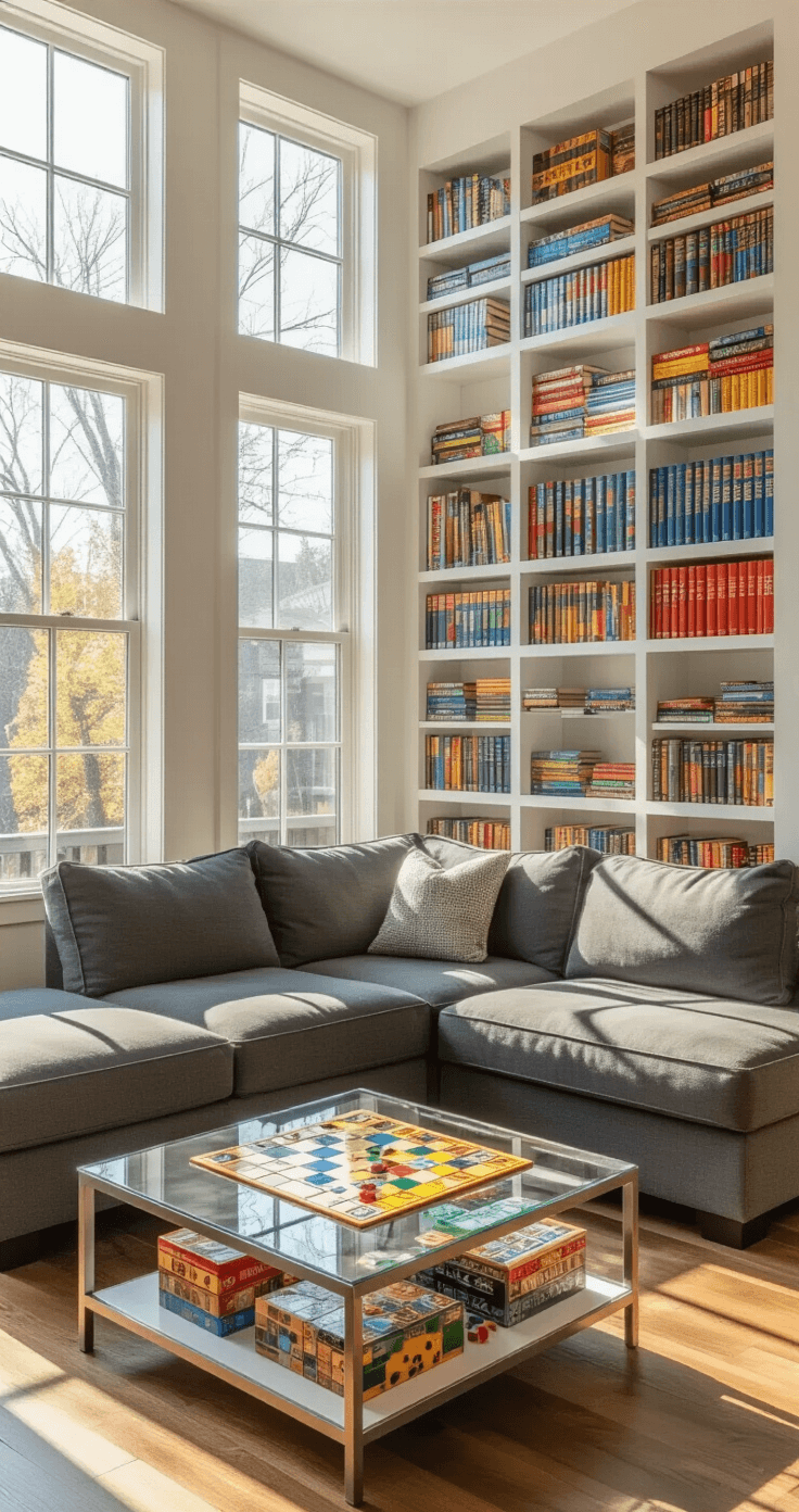 Modern living room with built-in white shelving displaying vertically stored board games, natural light streaming through large windows, oak flooring, charcoal grey sectional sofa, and a glass coffee table with an open Settlers of Catan game.