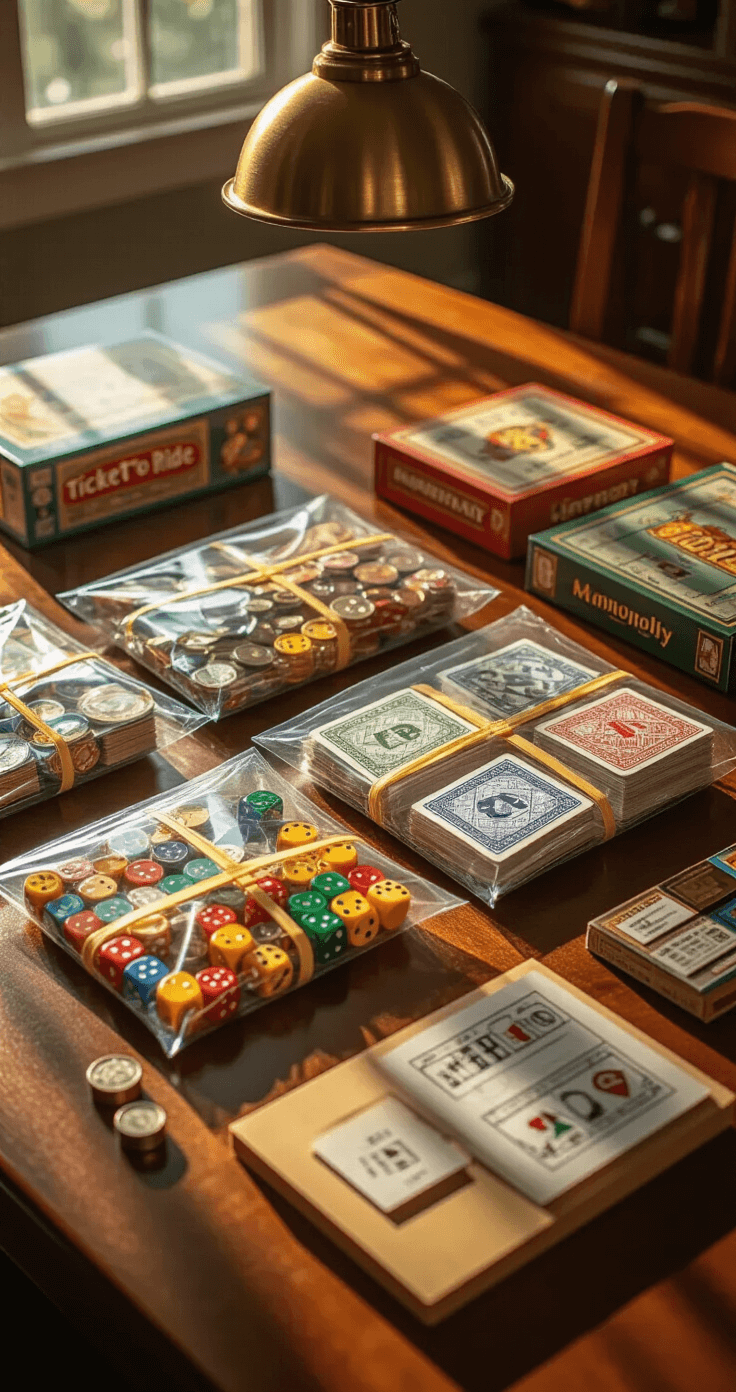 Close-up of an organized board game storage setup on a walnut dining table, featuring resealable bags of colorful game components, heavy-duty rubber bands around game boxes, and a label maker, all illuminated by warm golden hour lighting.