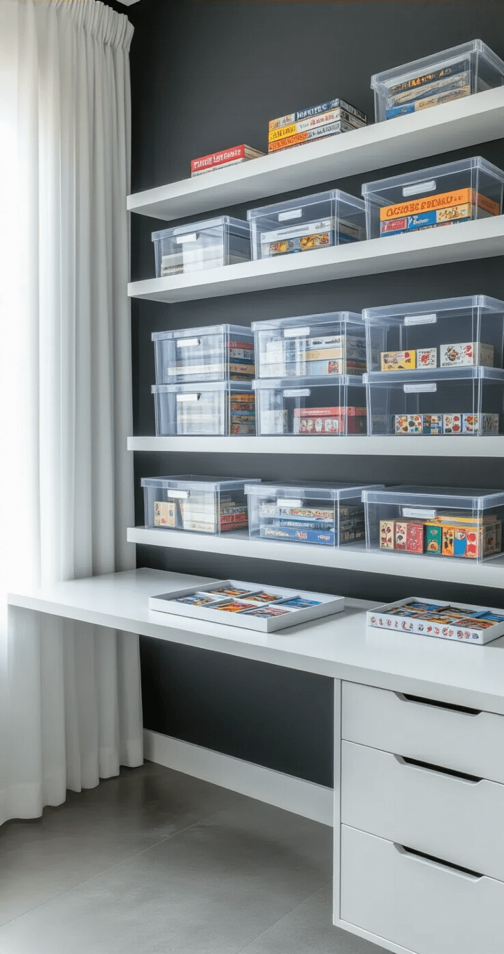 Wide-angle view of a modern home office with clear plastic portfolio boxes on white floating shelves against a charcoal wall, afternoon sunlight filtering through sheer curtains, and a sleek white desk with organized card games, all in a cool grey and white color palette.