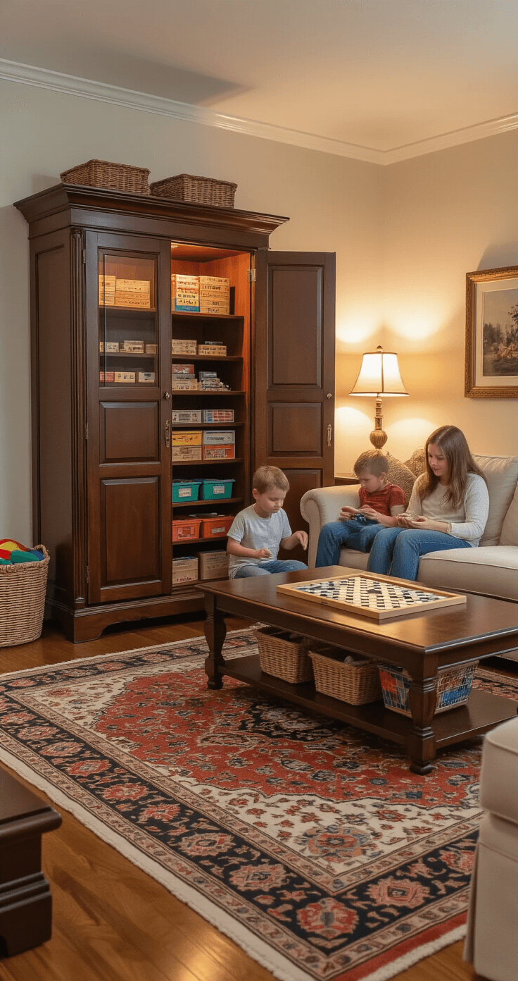 Cozy family room featuring an elegant armoire transformed into game storage, showcasing vertical shelves and uniform containers, with a sectional sofa and family enjoying Scrabble amidst warm lighting and rich wood tones.