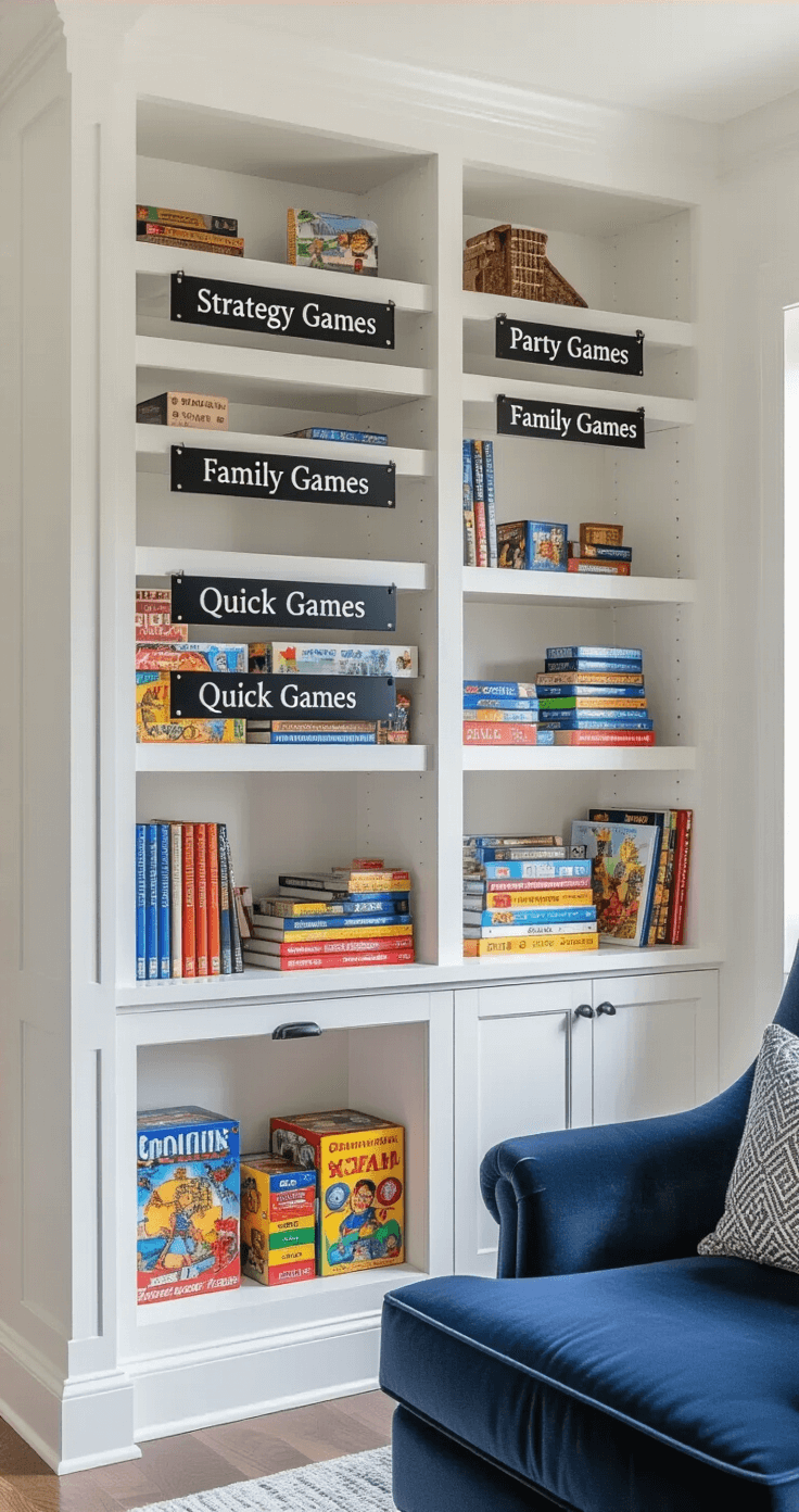 Detail shot of a neatly organized game shelving system in a contemporary den, featuring custom white built-ins labeled for different game categories, with games arranged by height. A navy velvet armchair is visible in a nearby reading nook, highlighting accessibility for both adults and children. The composition showcases a balanced color scheme of whites, navy accents, and vibrant game box artwork.