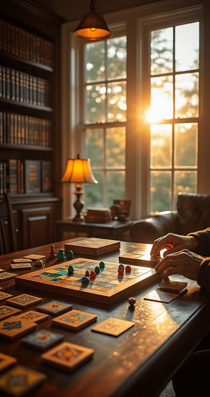 A cozy game room bathed in warm afternoon sunlight, featuring an open board game with jewel-toned pieces scattered on a dark walnut table, surrounded by mahogany bookshelves filled with game boxes. Weathered hands reach for colorful cards amid geometric shadows cast by large windows, with brass table lamps providing additional warm lighting.