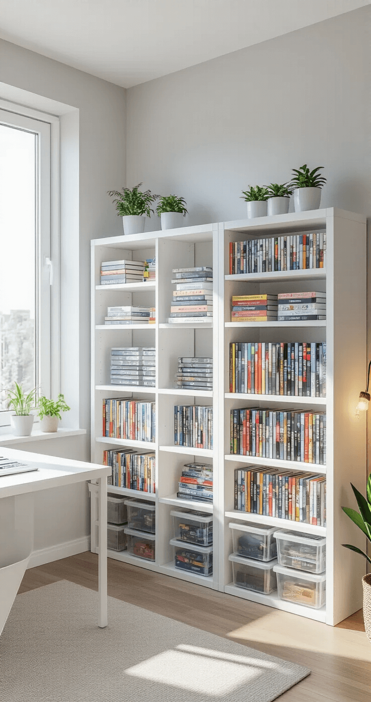 A budget-friendly apartment setup with L-shaped IKEA Billy bookcases storing games, neatly organized by category, alongside a simple white desk with gaming accessories; bright natural light enhances the minimalist decor with potted plants and string lights.