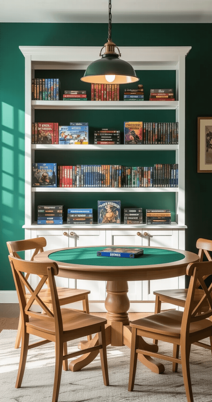 A modern game room with a white IKEA Hemnes bookcase showcasing neatly organized board games, a round green felt gaming table, and vintage pendant lighting, all set against deep emerald walls for a dramatic atmosphere.