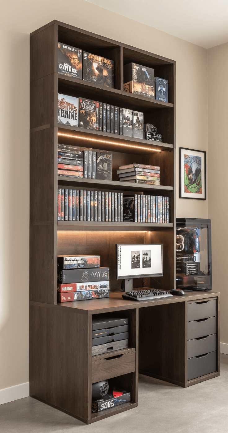 A contemporary home office featuring a dark brown IKEA Tonstad shelving unit filled with oversized game editions, styled with gaming artwork and LED strip lighting, alongside a sleek gaming desk setup, against neutral beige walls and polished concrete floors.