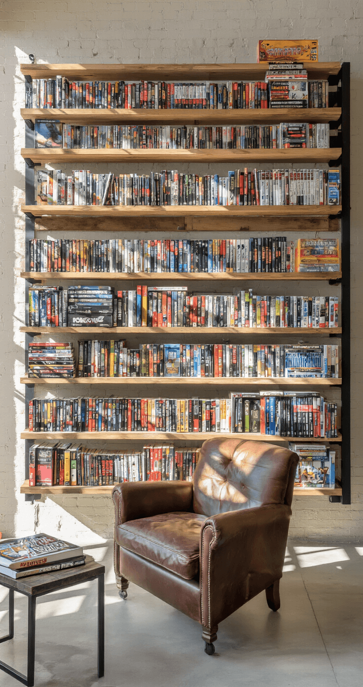 Innovative vertical storage for games arranged spine-out on floating shelves, illuminated by bright morning light, featuring a cozy reading nook with a vintage leather armchair, an exposed brick wall, and polished concrete floors.