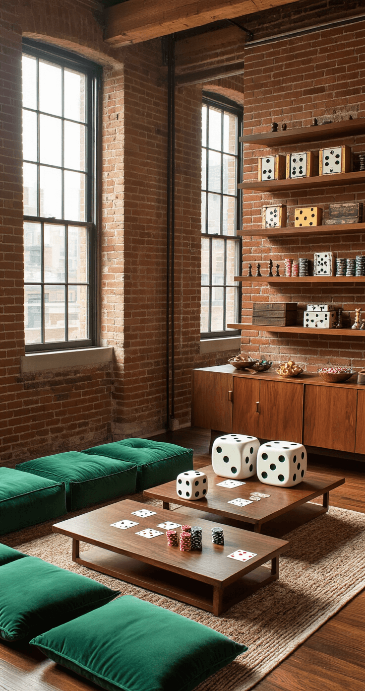 A cozy medium-sized living room with exposed brick walls and hardwood floors, illuminated by warm golden hour light streaming through large windows. The scene features a low walnut coffee table surrounded by plush emerald green floor cushions, scattered playing cards, oversized white dice on shelves, and vintage game boxes on a mid-century modern sideboard, complemented by a warm color palette of kraft paper tones with red and black accents.