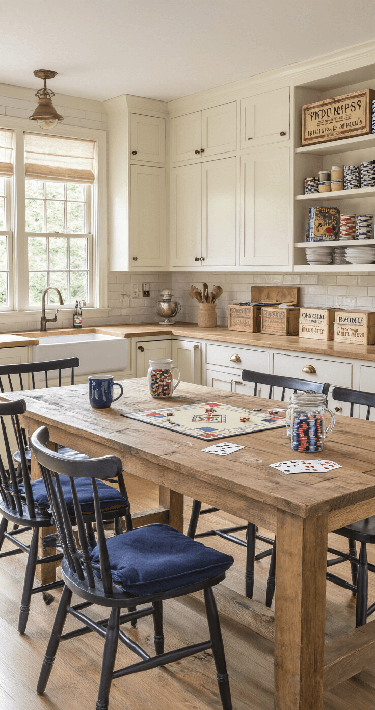 An open concept kitchen and dining area with cream shaker cabinets and butcher block countertops, features a rustic farmhouse table surrounded by navy cushion ladder-back chairs, colorful poker chips in mason jars, and vintage game boxes on shelves, illuminated by under-cabinet LED lighting.