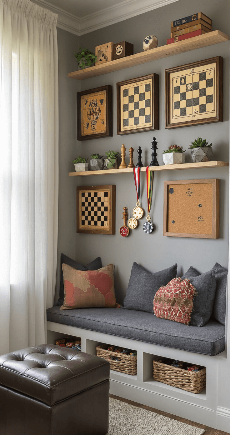 A cozy reading nook transformed into a medal station, featuring a built-in window seat with charcoal gray cushions, a gallery wall of vintage game boards and chess pieces, floating shelves with oversized dice and antique poker chips, and chocolate bar medals on a cork board, all illuminated by soft morning light through sheer curtains.