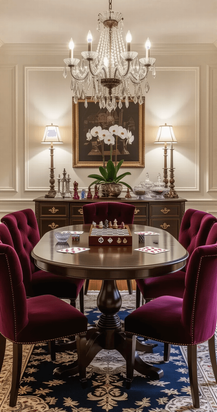 An elegant game night destination with a dark walnut pedestal table surrounded by burgundy velvet chairs, dramatic chandelier and accent lighting, vintage chess sets and poker chips on an ornate sideboard, hand-painted playing card motifs on wainscoting, a Persian rug, and white orchids providing contrast.