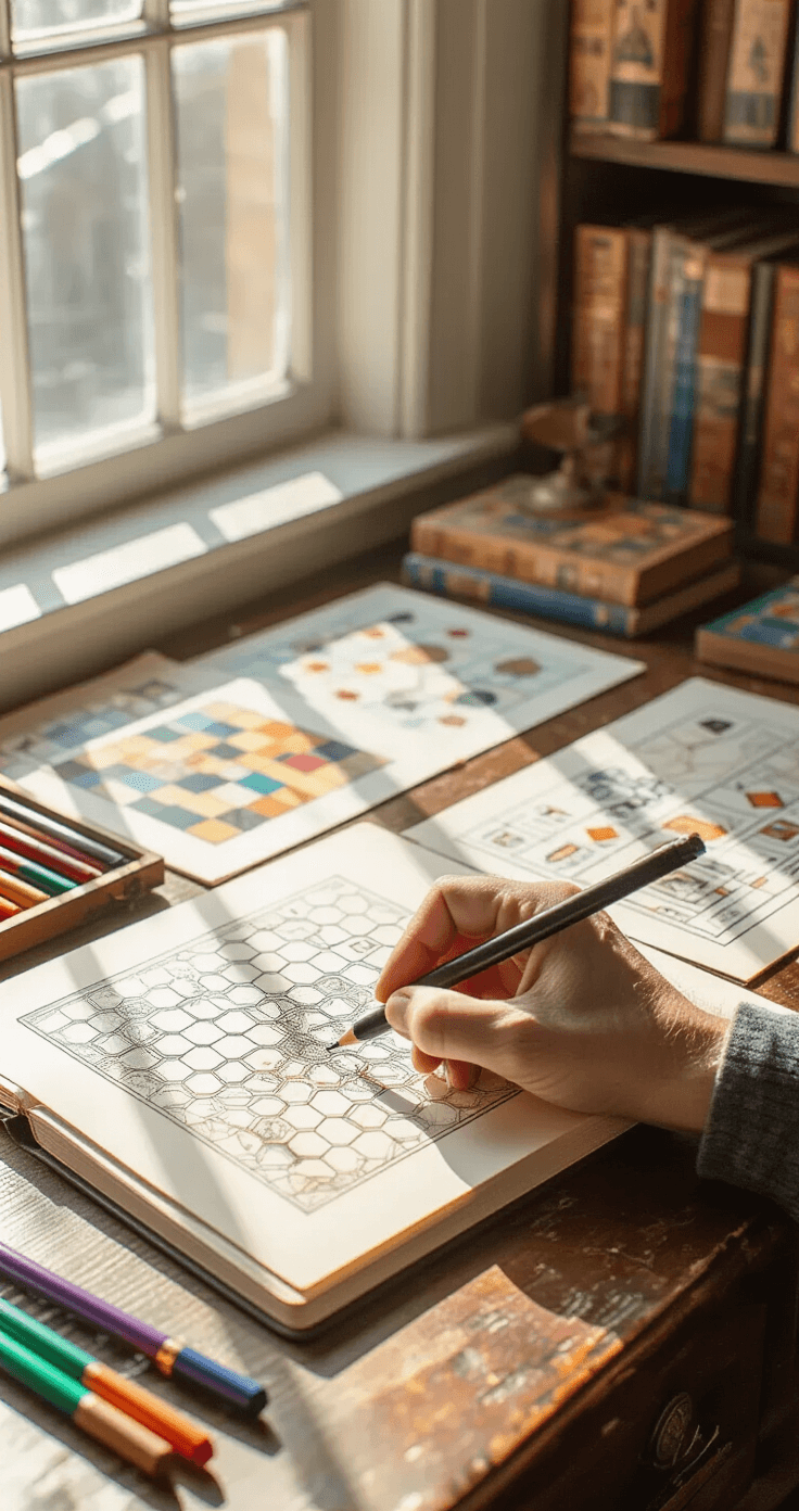 Close-up of artisan's hands sketching game board designs on cream-colored grid paper, surrounded by jewel-toned markers, a vintage brass ruler, and mechanical pencils on a weathered mahogany desk, with blurred shelves of classic board games in the background, illuminated by bright morning light.