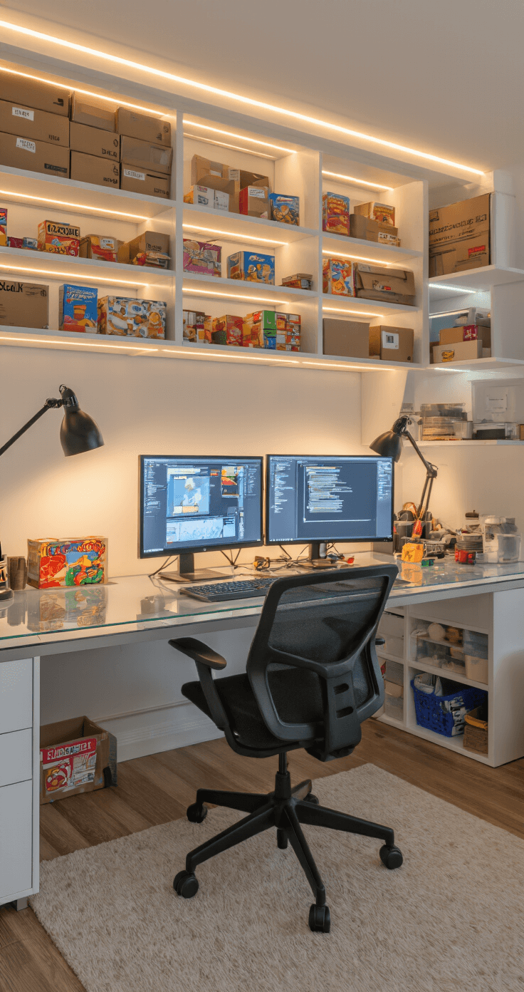 Modern game design studio in a cozy home office, featuring organized prototype games on built-in white shelves, a glass desk with dual monitors, and warm LED lighting, all highlighting a creative atmosphere with bright colors and practical tools.