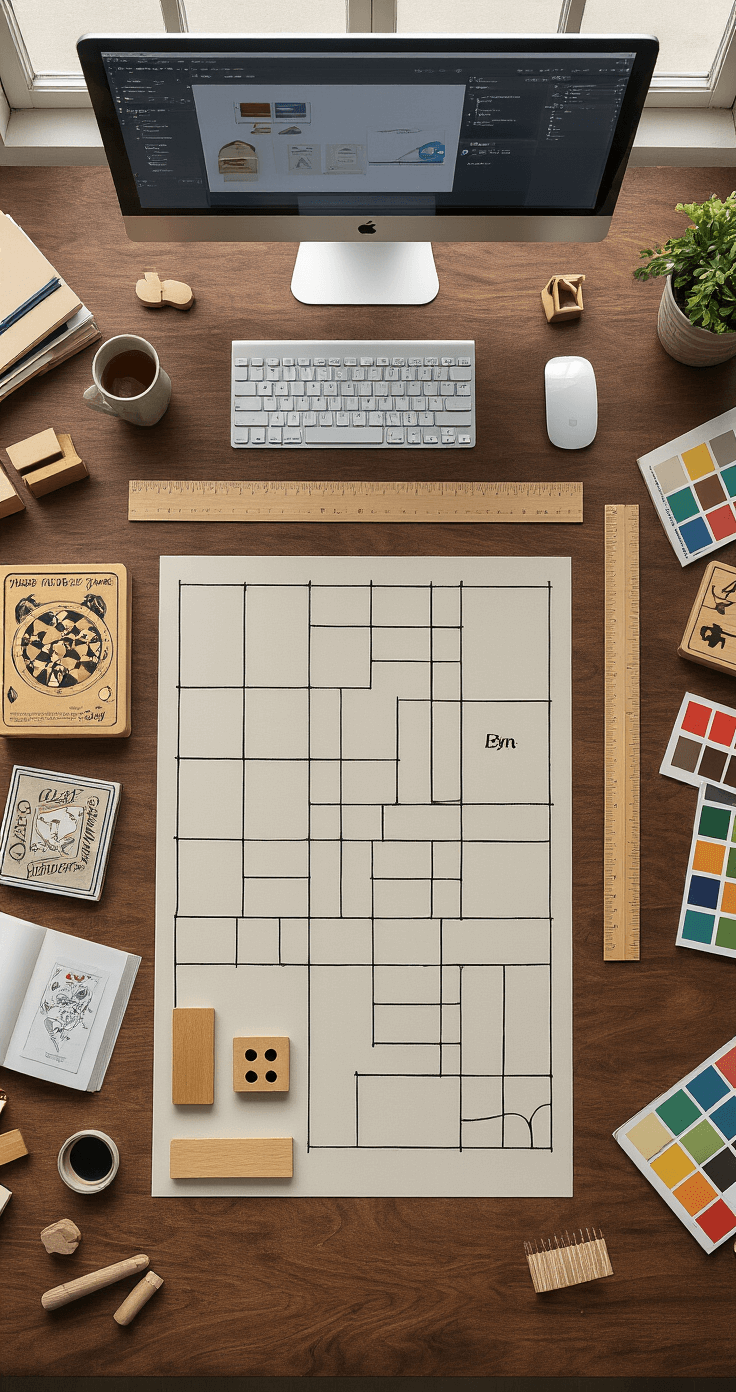 Flat lay of a digital design workspace featuring a walnut desk, printed game boards, wooden game pieces, a metal ruler, and a color-calibrated monitor showing Canva, surrounded by design inspiration materials like vintage games and color swatches, all under even natural and professional lighting.