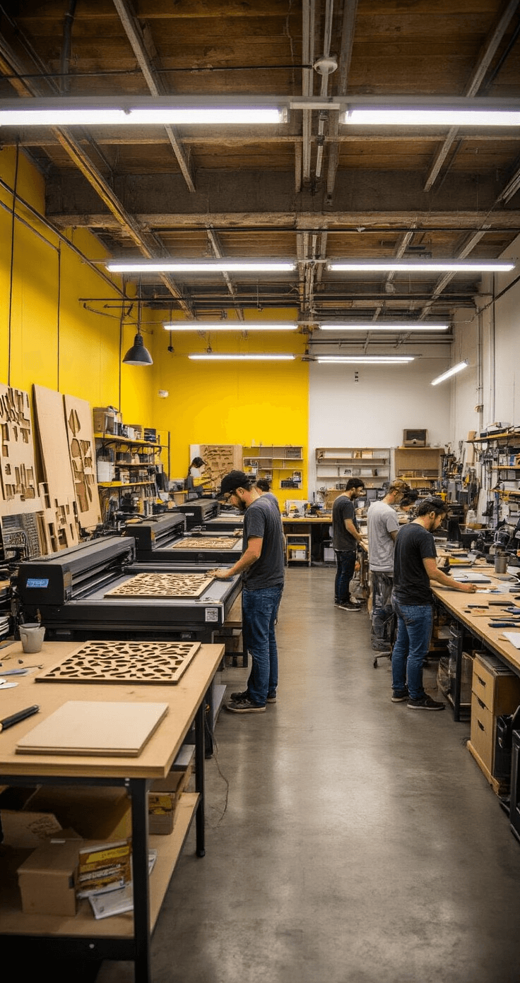 Wide shot of a bustling makerspace workshop with exposed concrete floors and yellow accent walls, featuring a laser cutting station at the center, collaborative makers working at benches with tools and materials, illuminated by industrial lighting and task lamps.