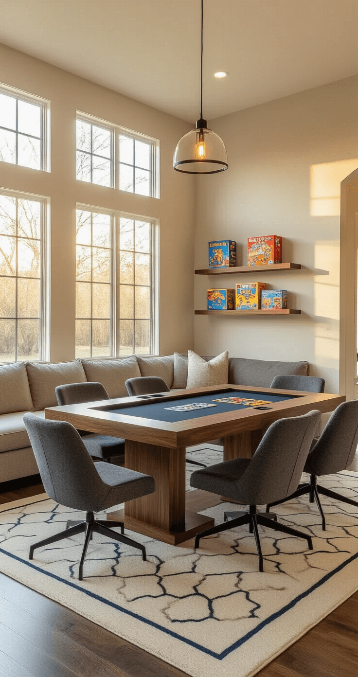 Interior shot of a contemporary family room featuring a walnut-finished game table with built-in cup holders, surrounded by charcoal gray gaming chairs, illuminated by warm golden hour light streaming through large windows. The space includes a sectional sofa, floating shelves with board games, and a geometric area rug, all within neutral beige walls and dark hardwood flooring.