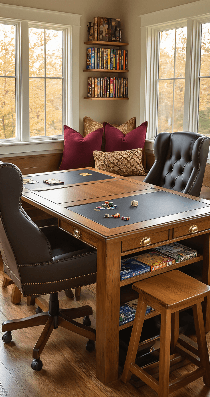 Close-up view of an expandable game table in mid-transformation, highlighting dual surfaces with a felt topper and polished oak underneath, surrounded by a cozy mix of seating in a warmly lit family room, featuring storage solutions like felt-lined vaults and neatly arranged board game boxes.