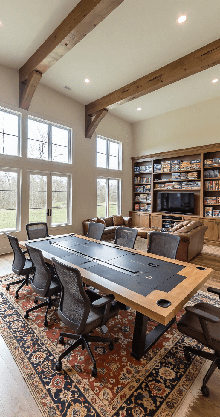 Wide-angle view of a spacious family room featuring an 80-inch custom gaming table with eight players, bright natural lighting, vaulted ceilings, exposed wooden beams, and a warm color palette, complemented by a leather sectional sofa and a gallery wall of vintage game artwork.