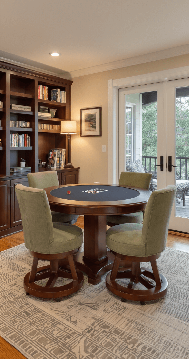 Cozy family room featuring a 42-inch round game table with dark cherry finish, surrounded by sage green upholstered swivel chairs, illuminated by warm ambient lighting, with built-in bookcases, a sliding glass door, and decorative elements like a geometric rug and potted plants.