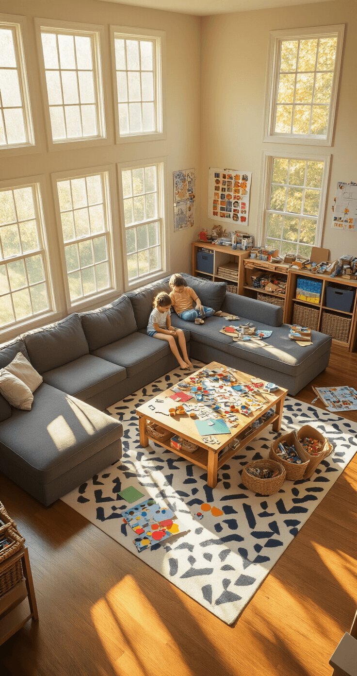 A photorealistic living room filled with crafting materials for a DIY board game, featuring warm oak floors, a large sectional sofa, and sunlight streaming through windows, creating a cozy and chaotic atmosphere of family creativity.