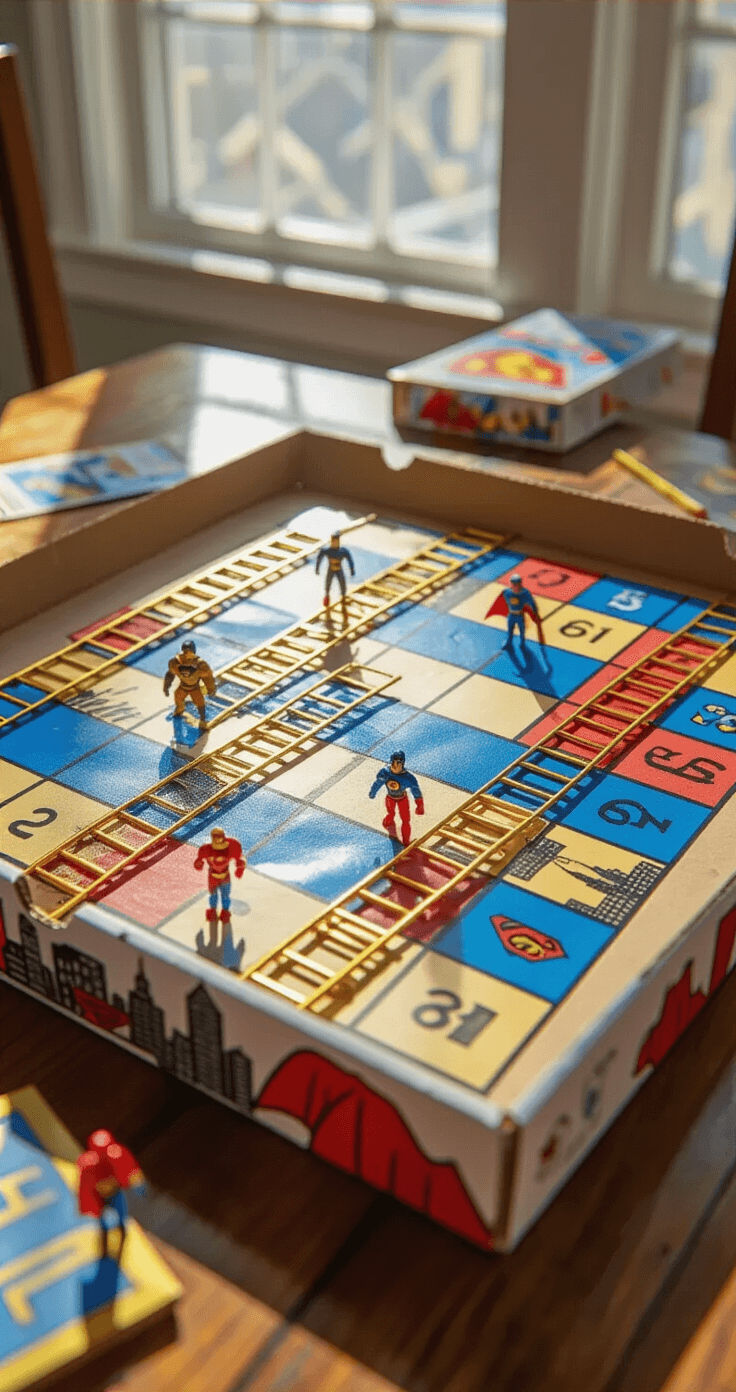 Photorealistic close-up of a custom superhero-themed snakes and ladders board game on a dining table, featuring a transformed pizza box game board with a colorful 10x10 grid, metallic washi tape ladders, and handmade decorations, surrounded by art supplies.