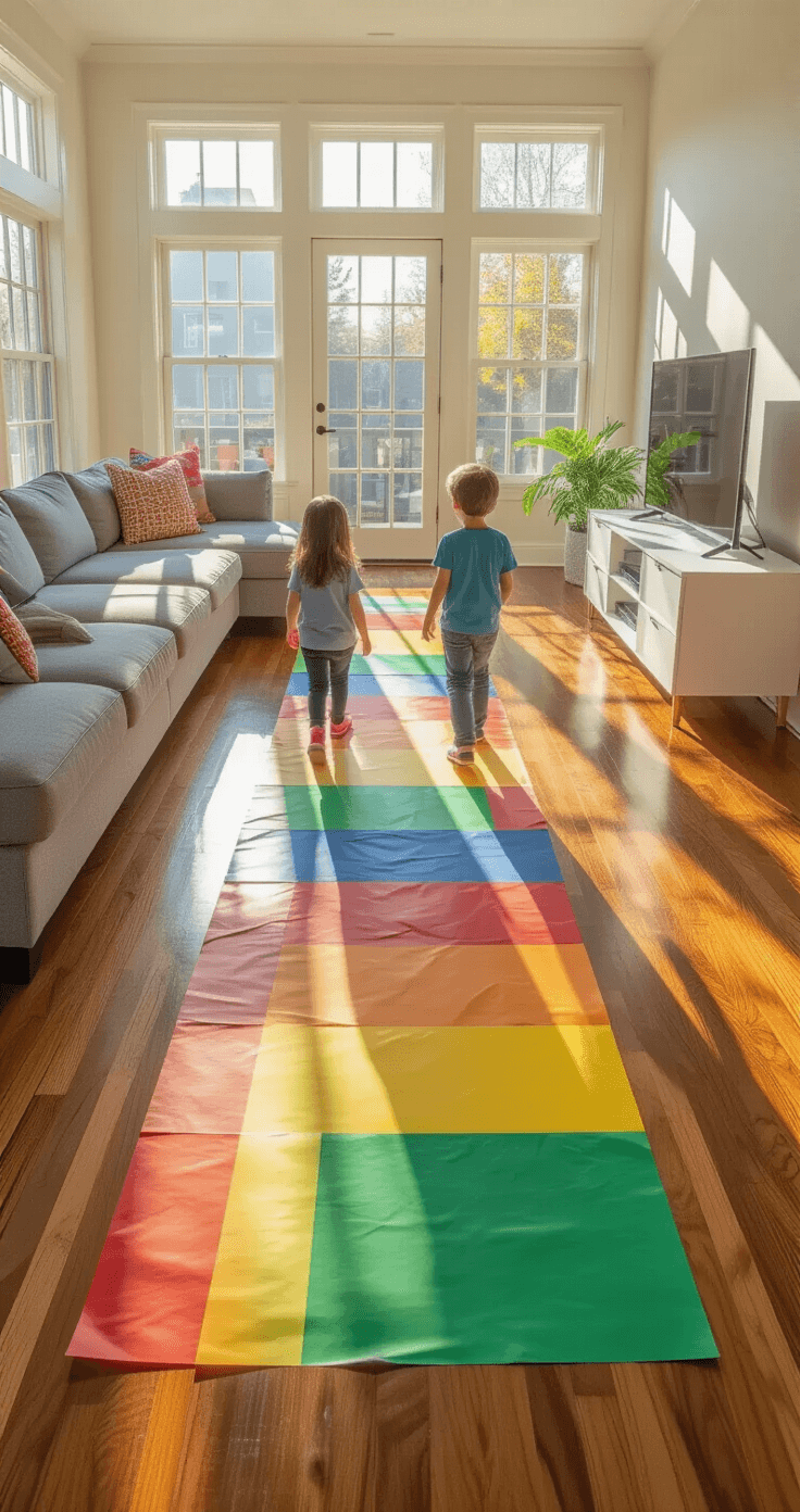 A bright, photorealistic living room transformed into a life-size board game, featuring colorful construction paper squares on polished hardwood floors. Two children playfully move across the vibrant path, with modern furniture in the background and handwritten activity cards on each square. Natural light enhances the scene's color saturation, highlighting texture contrasts.