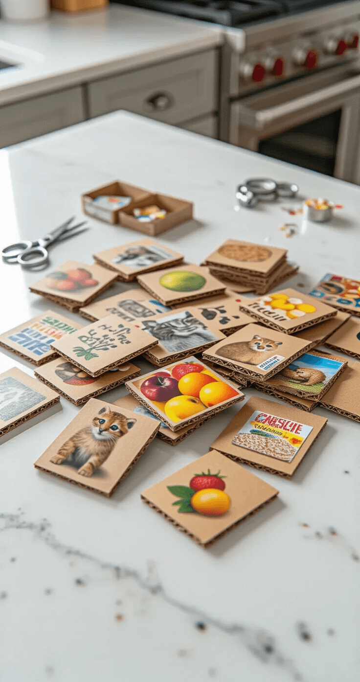 Macro photograph of handmade memory match cards on a white kitchen island, showcasing textured cardboard rectangles with glossy animal and fruit images, surrounded by craft supplies including scissors and glue.
