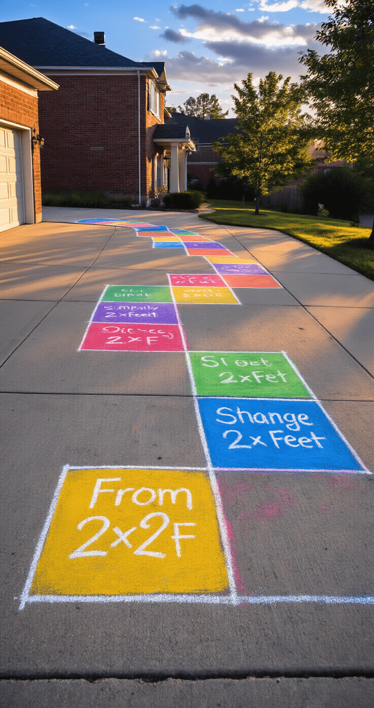 Photorealistic outdoor scene of a chalk-drawn board game on a concrete driveway during golden hour, featuring vibrant oversized chalk squares with hand-written challenges, long shadows from nearby trees, and a suburban red brick home in the background.