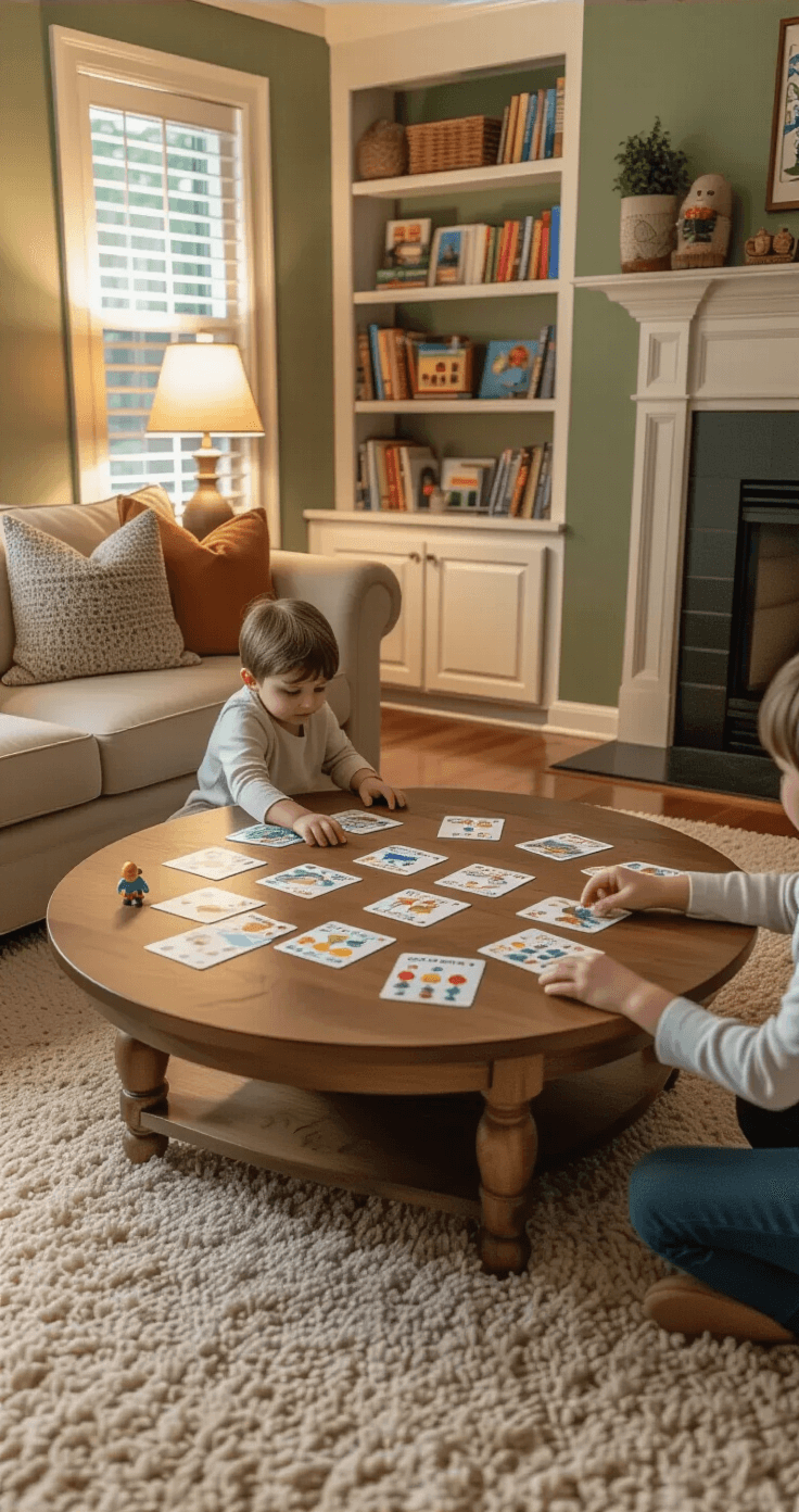 Interior shot of a cozy family room with sage green walls and cream carpet, low angle view of a wooden coffee table covered in colorful handmade story prompt cards and toy figures, with family members' hands interacting. The space features a beige loveseat, bookshelves filled with children's books, and warm lamplight creating an inviting atmosphere.