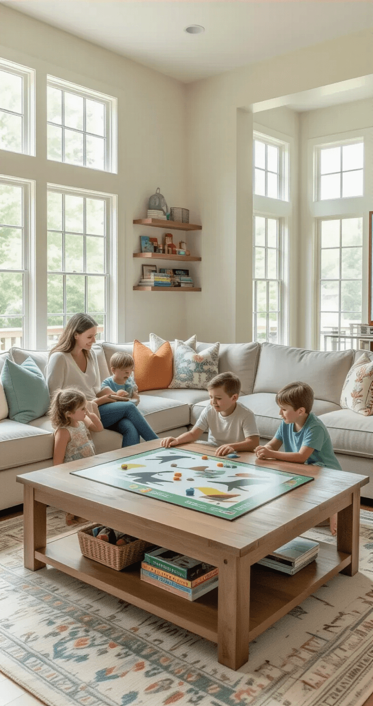 Bright, airy family living room featuring a casual gaming setup with the Wingspan board game on a large oak coffee table, surrounded by children and adults in a cozy, welcoming atmosphere. Soft natural light fills the space, showcasing cream walls, a light gray sectional sofa adorned with colorful throw pillows, and plush area rugs.