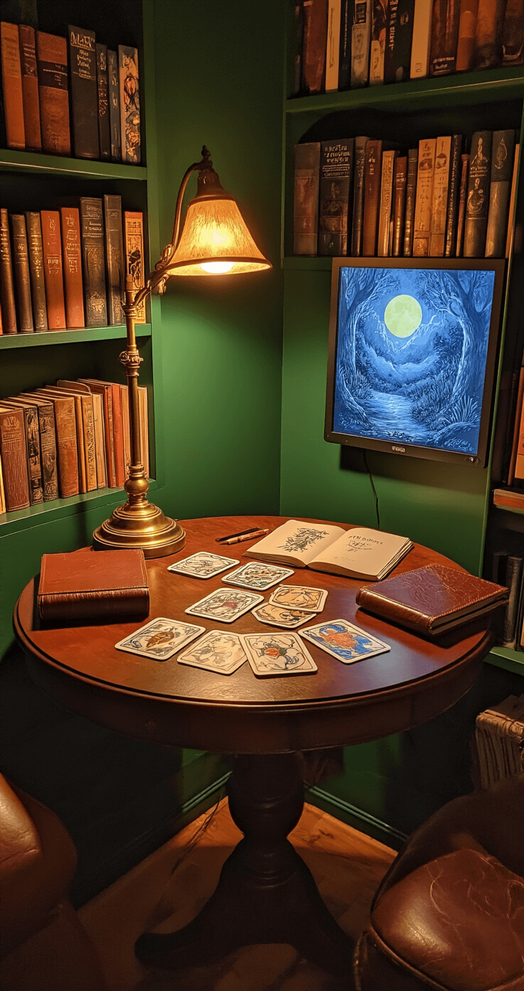 A cozy study corner with deep forest green walls, featuring a small round pedestal table arranged with Dixit cards, warm lamplight from a vintage brass desk lamp casting soft shadows. Surrounding built-in bookshelves are filled with art reference books, while leather-bound journals and sketching materials add to the artistic atmosphere. A professional color calibration monitor glows gently in the background, enhancing the contemplative ambiance.
