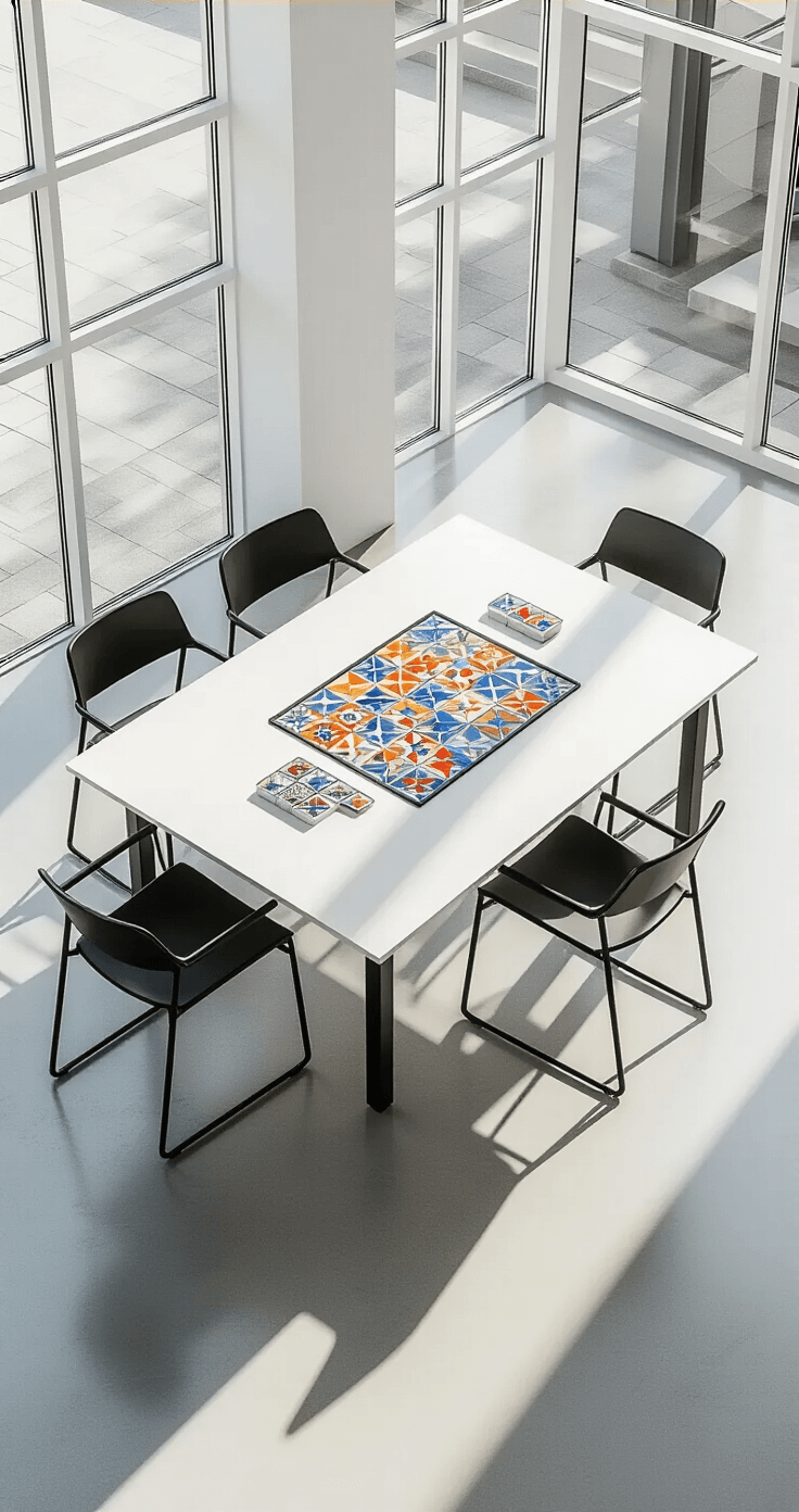 A modern minimalist gaming space with a sleek white table showcasing geometric Azul tiles, accompanied by black metal chairs, under floor-to-ceiling windows with polished concrete floors, and bright afternoon light creating a serene atmosphere.