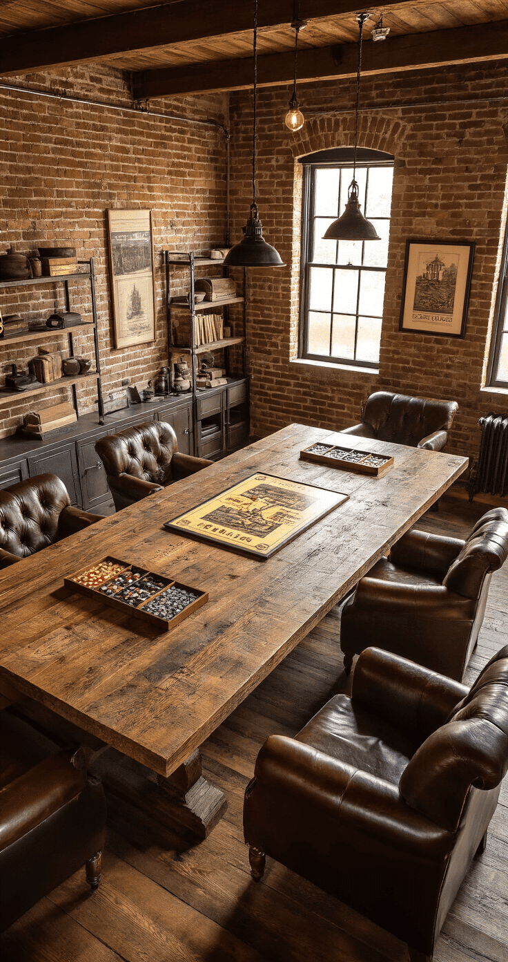 A rustic den bathed in golden hour light, featuring the game Brass: Birmingham on a reclaimed wood farmhouse table, surrounded by vintage leather armchairs and exposed brick walls, with industrial lighting and art prints enhancing the masculine, intellectual atmosphere.